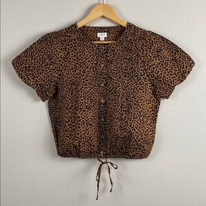 J. Crew Factory Leopard Print Puff Sleeve Tie Waist Top | Warm Brandy Black